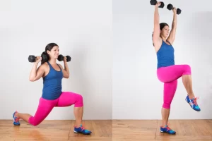 Reverse-lunge-pulses-and-knee-raise-with-dumbell